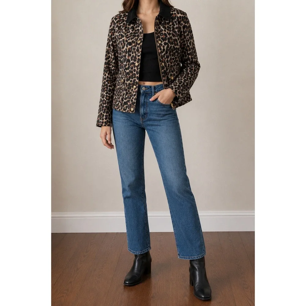 J Crew Leopard Print Barn Coat Jacket Women XS Corduroy Collar Utility Chore